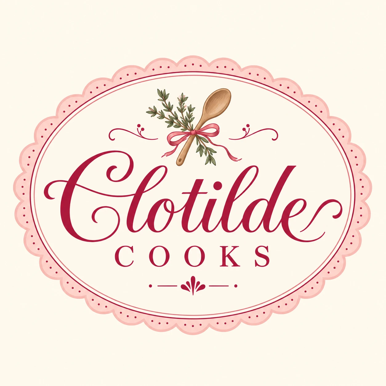 Clotilde Cooks logo: a wooden spoon and thyme tied with a pink bow inside a scalloped oval